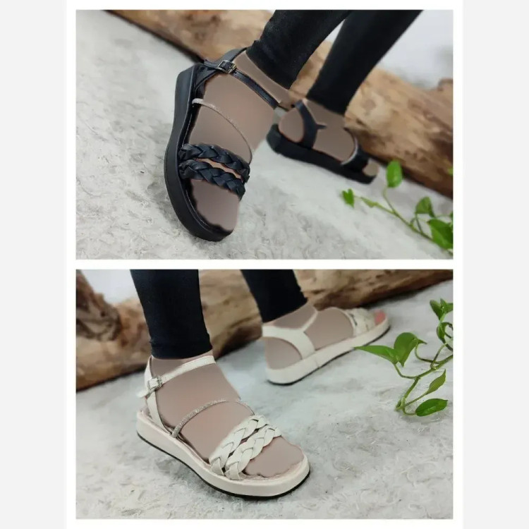 صندل طبی زنانه مدل دو گیس چرم صنعتی رنگ مشکی و کرمی