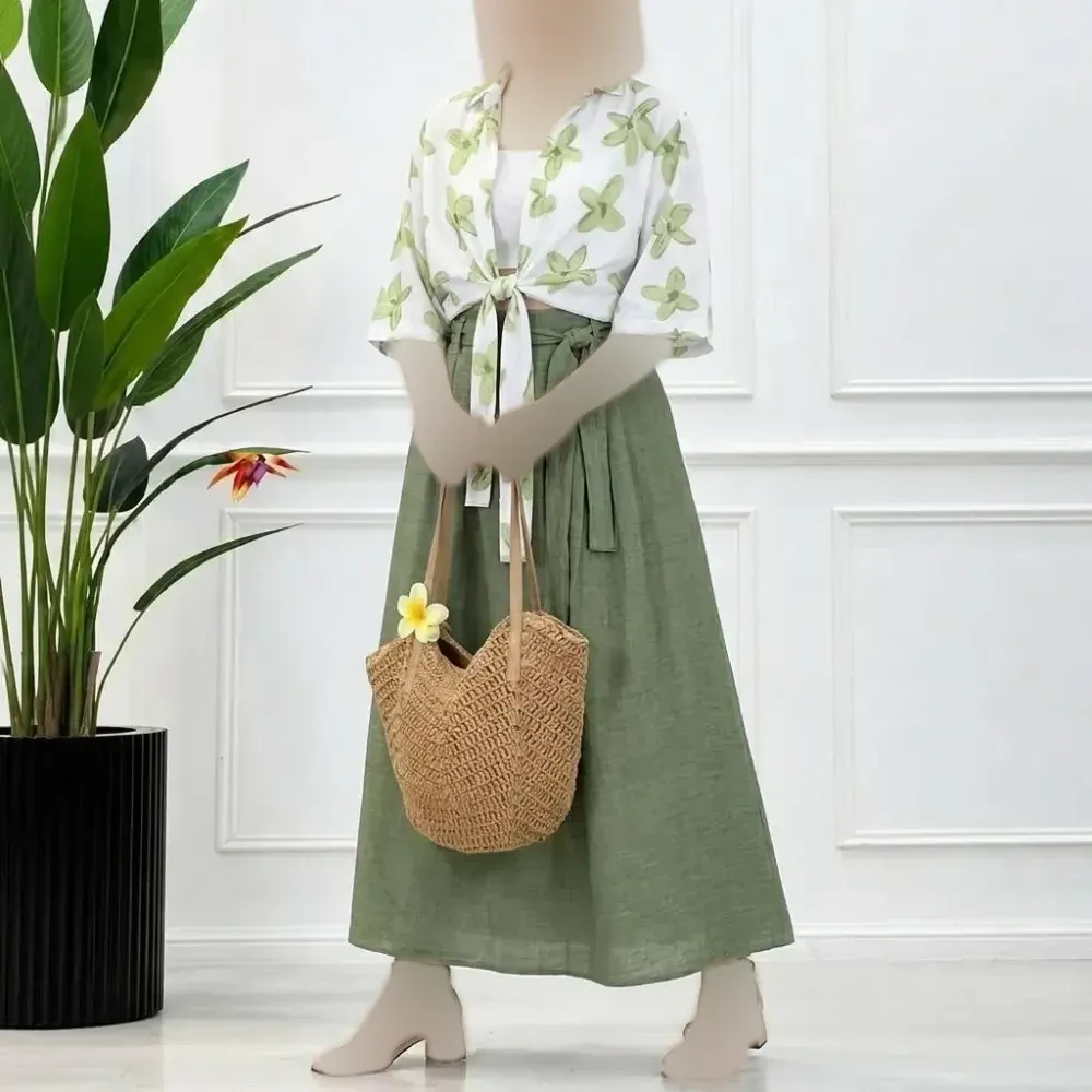 ست شومیز و دامن گره ای آیسانا جنس نخ اسلپ و صوفیا شانتون فری سایز