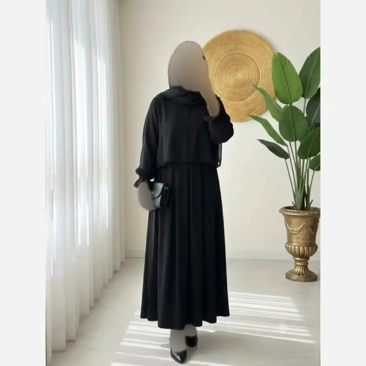 عبا دو تیکه مهلا جنس الیزه درجه یک مشکی فری سایز مروارید دوزی شده