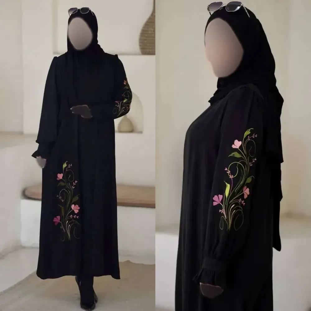 پیراهن عبایی گلدوزی شده مشکی جنس الیزه فری سایز مدل ارکیده