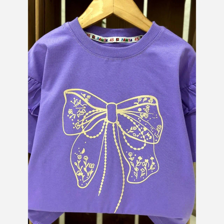 ست تیشرت و شلوار بگ دخترانه پاپیونی پنبه لاکرا سایز 45 تا 60