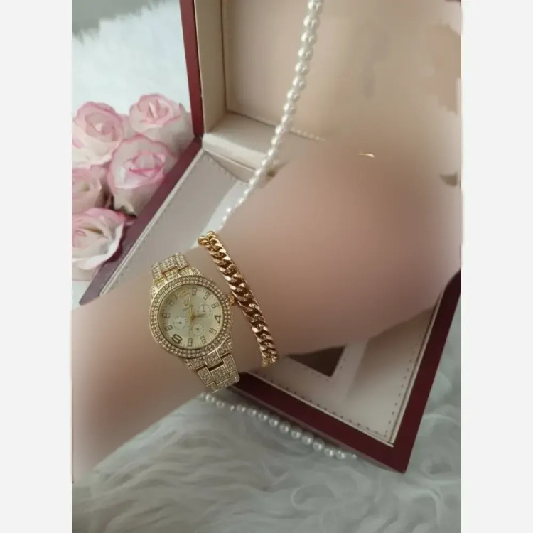 ست ساعت دستبند و حلقه زنانه رولکس فول نگین با جعبه کادویی