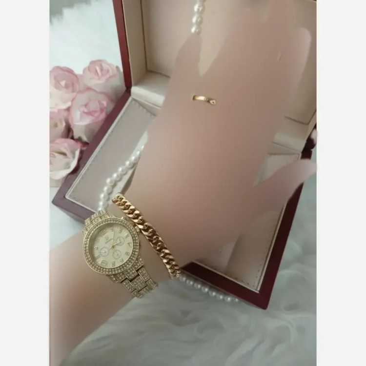 ست ساعت دستبند و حلقه زنانه رولکس فول نگین با جعبه کادویی