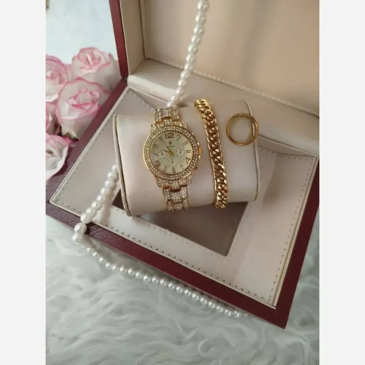 ست ساعت دستبند و حلقه زنانه رولکس فول نگین با جعبه کادویی
