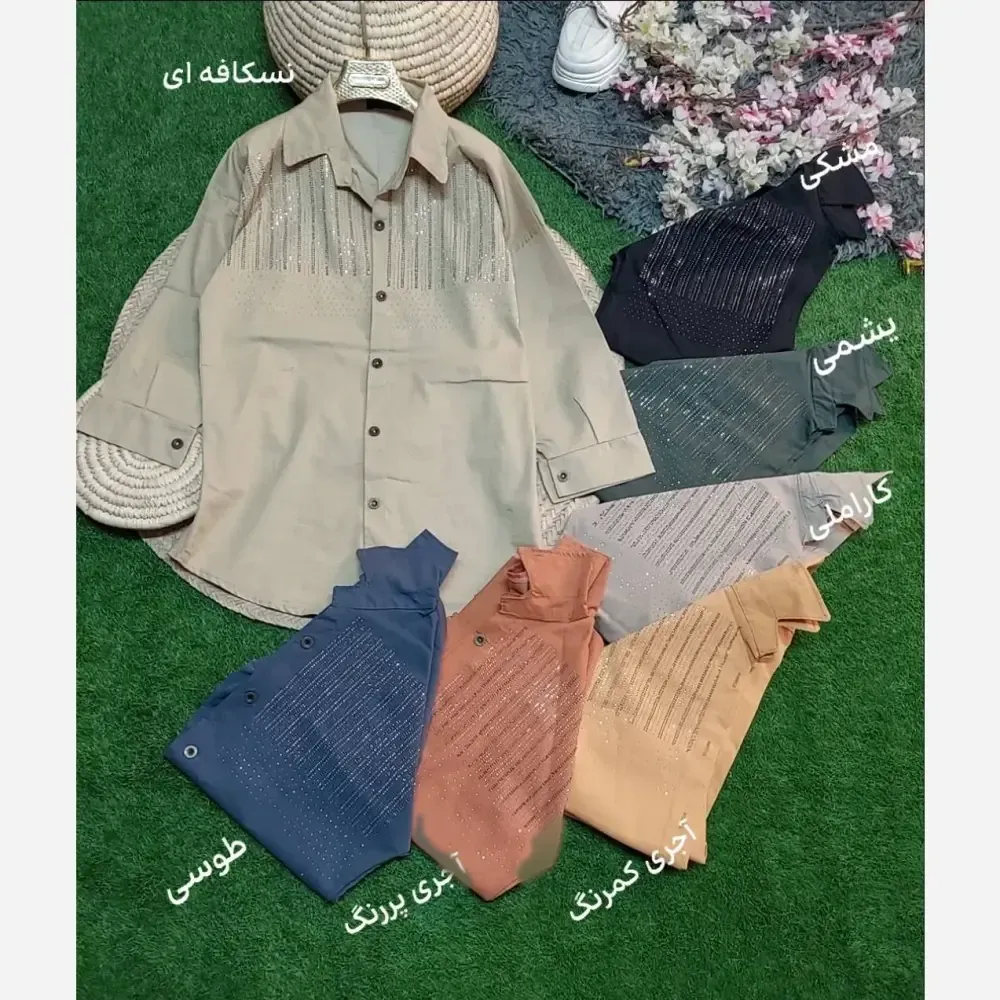 شومیز تمام نگین کتان جنس کتان اعلا وارداتی رنگ آجری کمرنگ سایز 38 تا 46 فری سایز