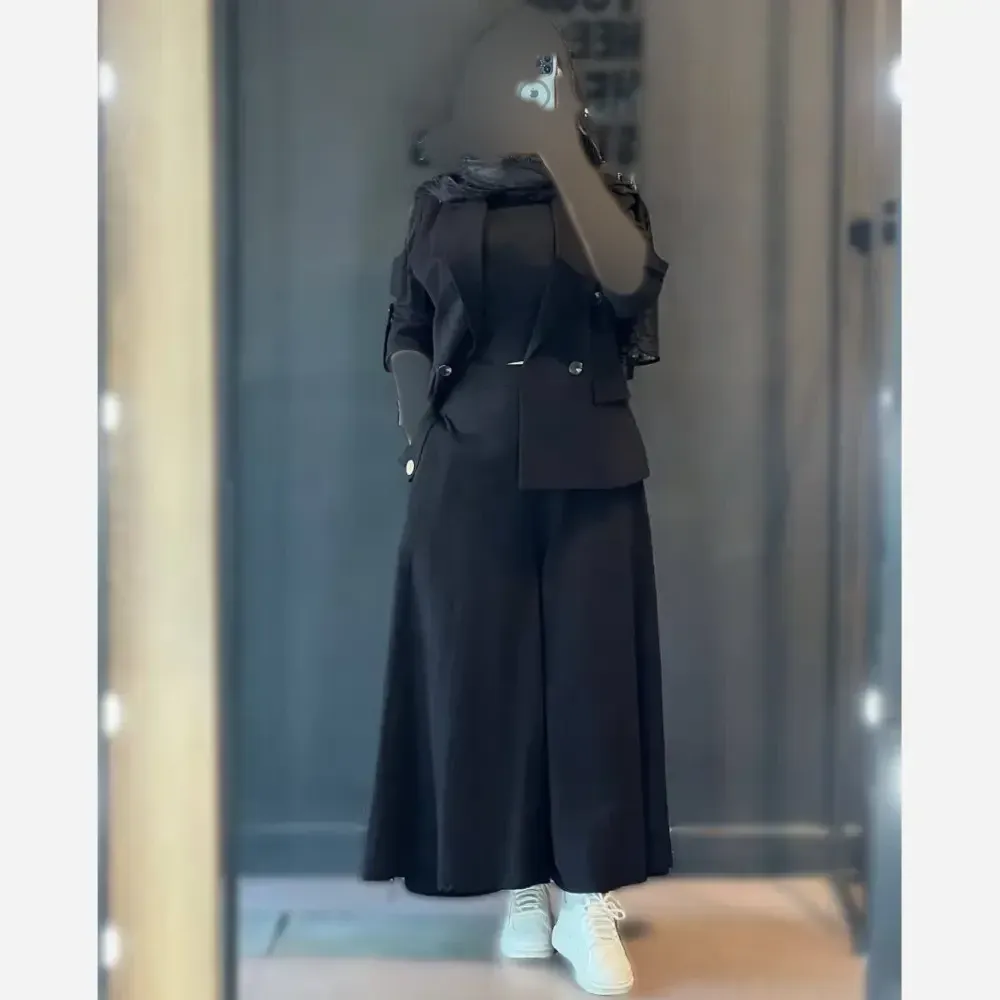 ست کت و شلوار زنانه سوپرمازراتی رنگ مشکی و دودی سایز 38 تا 46 فری