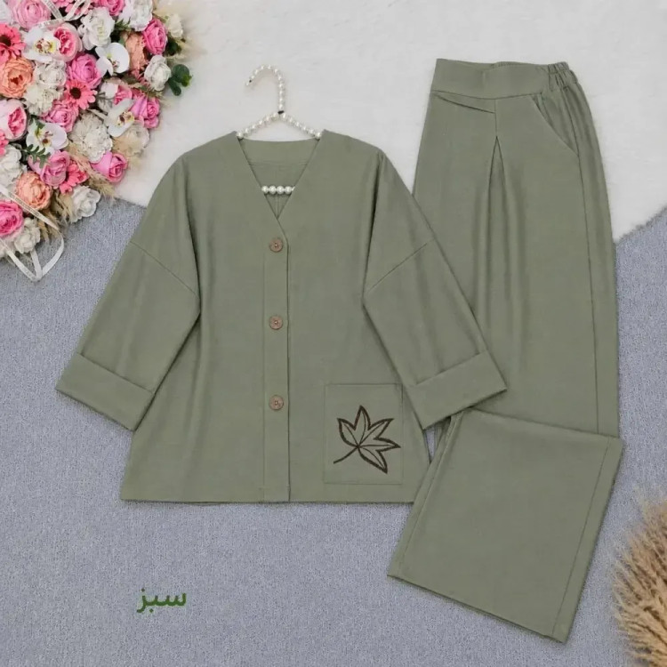 ست مانتو و شلوار لینن کجراه گلبرگ فری سایز تا 48