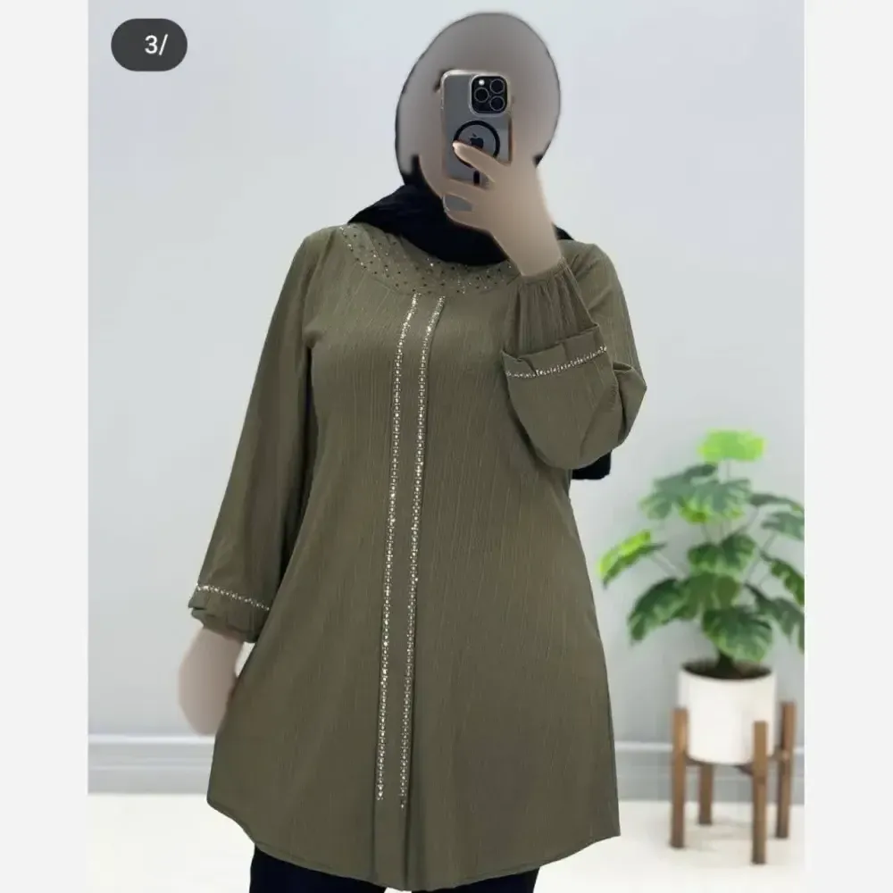 تونیک زنانه یقه گرد پیله نگین دار کریشه پلاس وارداتی
