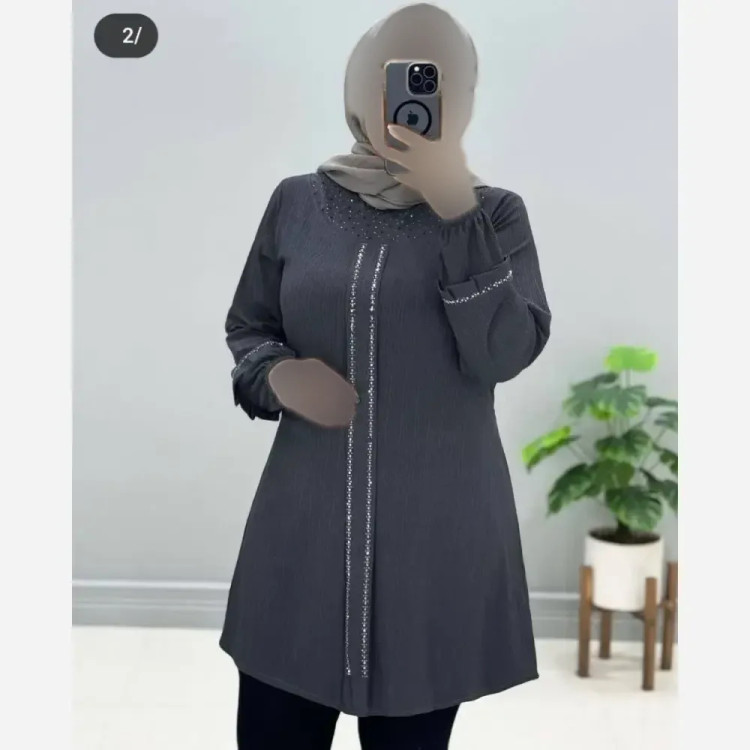 تونیک زنانه یقه گرد پیله نگین دار کریشه پلاس وارداتی