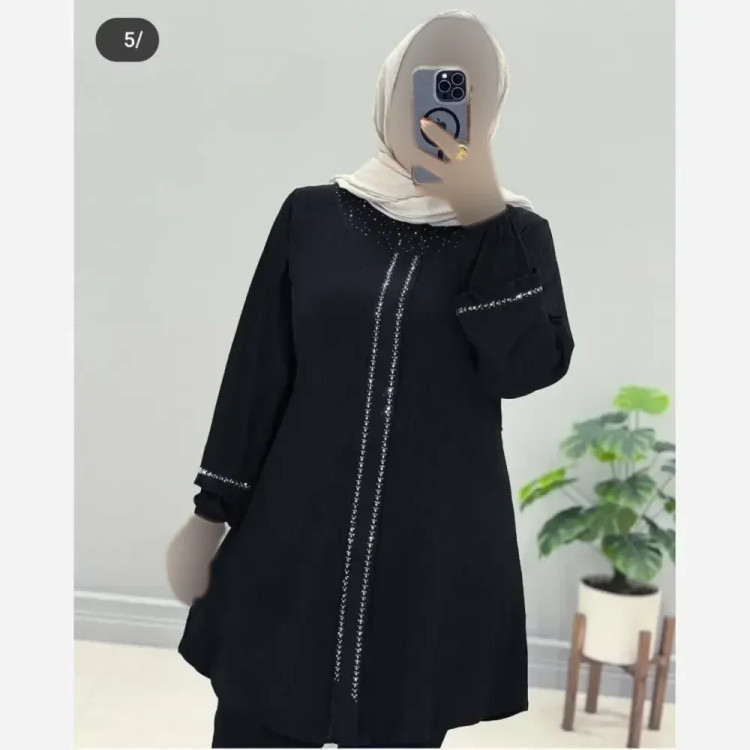 تونیک زنانه یقه گرد پیله نگین دار کریشه پلاس وارداتی
