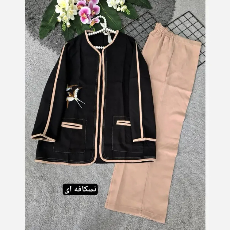 کت شلوار زنانه سالومه جنس مازراتی درجه یک مجلسی رنگ کرم سورمه ای آبی سدری سایز فری 36 تا 46