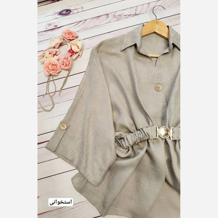مانتو کوتاه زنانه مدل سانی جنس شانتون بیسکوییتی رنگ طوسی سورمه ای استخوانی فری سایز تا 48