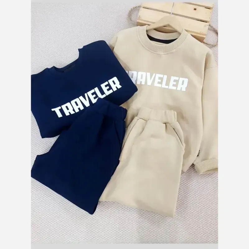 ست دورس بچگانه مدل Traveler پنبه 3 نخ ضخیم رنگ کرمی و سرمه ای مناسب 3 تا 12 سال