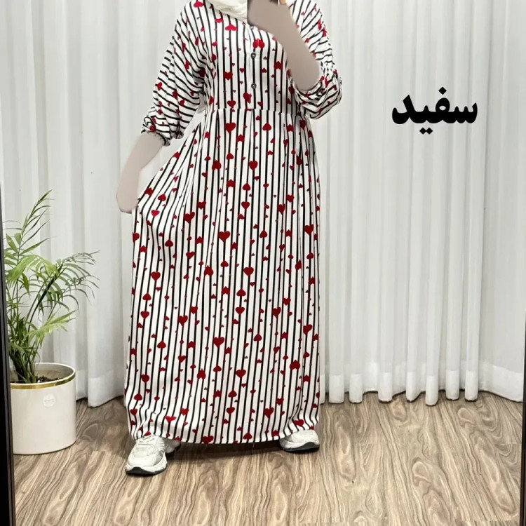 پیراهن نخی زنانه فری سایز تا 52 مدل قلبی جلو دکمه کمربنددار چهارفصل شیک و راحت بدون آبرفت و رنگ رفت