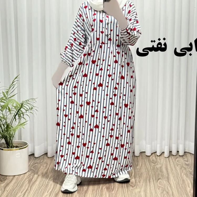 پیراهن نخی زنانه فری سایز تا 52 مدل قلبی جلو دکمه کمربنددار چهارفصل شیک و راحت بدون آبرفت و رنگ رفت