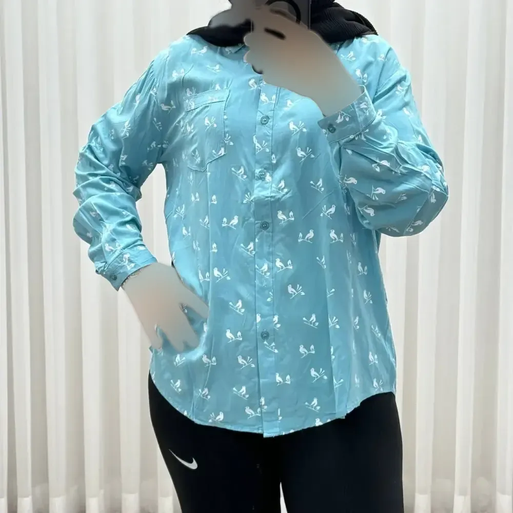 شومیز وارداتی نخی مدل Bird کد 1364 فری سایز تا 50 تنخور شیک چهارفصل زنانه و دخترانه