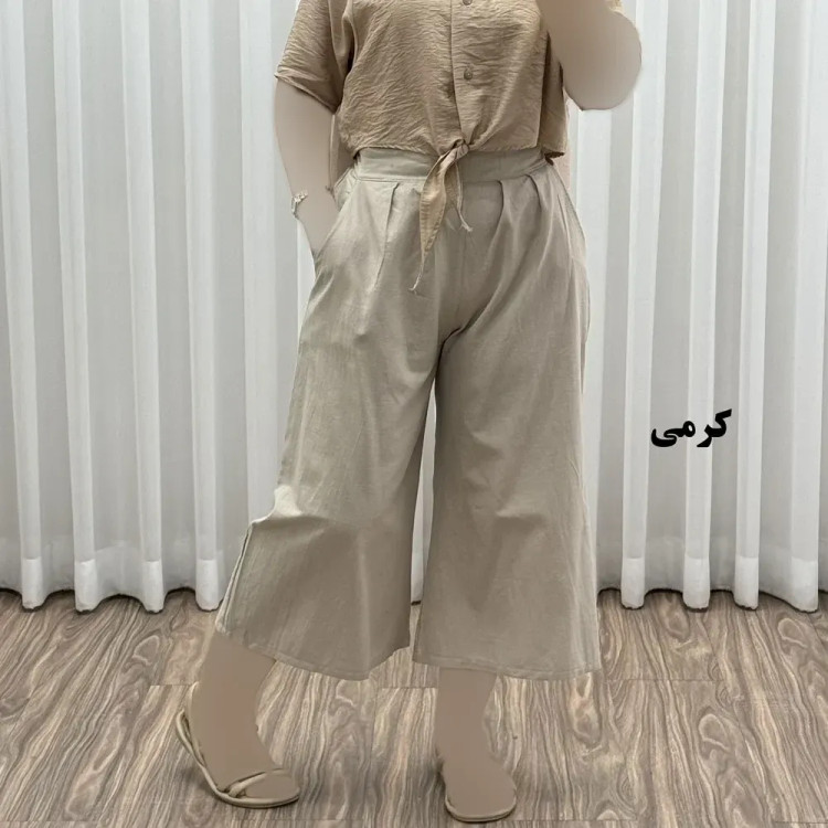 شلوار واید لنین نچرال فری سایز تا 50 تنخور شیک و راحت چهارفصل زنانه مناسب باردار و سایز درشت