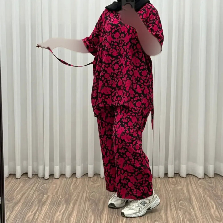ست بلوز شلوار نخی فری سایز زنانه ثمین کد 1309 مناسب تا سایز 48 چهارفصل کمربنددار