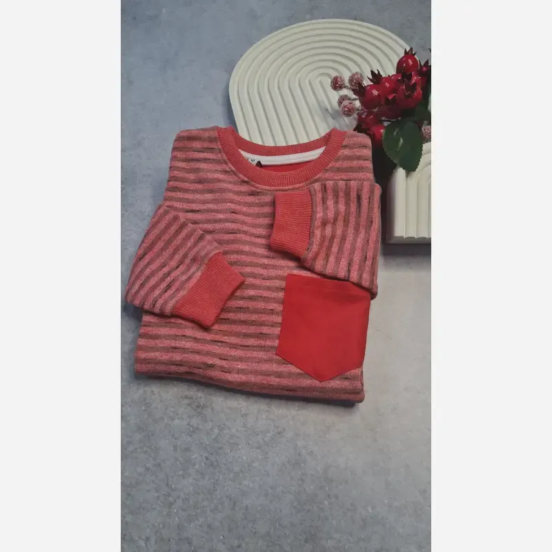 بلوز پاییزه بچگانه اسپرت راه راه تک جیب سایز 50 تا 60 پنبه ای مخملی سوپر سافت
